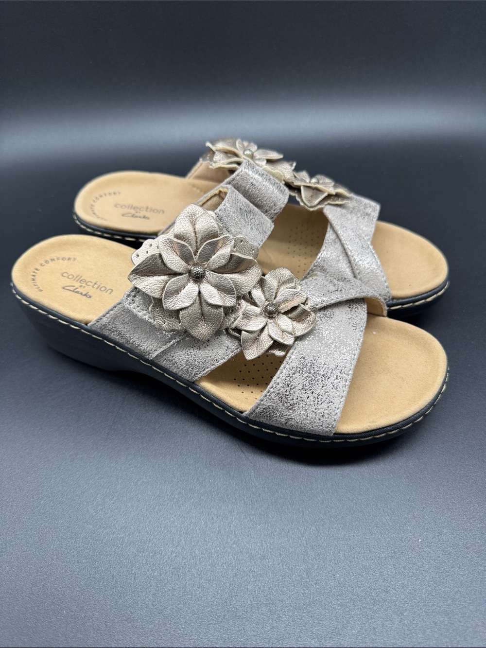 Collection by Clarks Metallic Floral Wedge Slide Sandals Sz 7